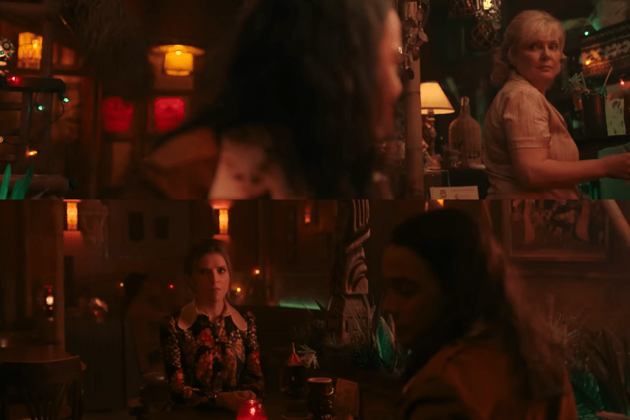 The image is a collage of three frames from a dimly lit, atmospheric scene set in a bar or restaurant, likely from Woman of the Hour. The moody lighting, intense expressions, and detailed setting suggest a scene filled with subtle tension and unspoken drama, fitting the thriller’s tone.