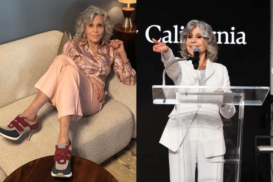 This image showcases Jane Fonda today, embodying elegance and confidence. On the left, she sits stylishly in pink attire paired with trendy sneakers, blending comfort with sophistication. On the right, she’s at a podium, passionately addressing an audience in a crisp white suit, reflecting her ongoing influence as an advocate and public figure. The image beautifully contrasts her fitness-driven '80s persona with her modern role as a seasoned activist and icon.