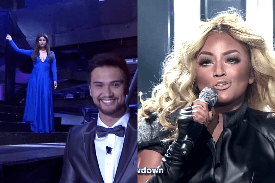 The image depicts scenes from the Philippine game show Your Face Sounds Familiar, where celebrities impersonate famous singers. On the left, a host smiles at a contestant, who is dressed glamorously in a blue gown, descends a staircase, likely preparing for her performance. On the right, a different contestant is in full costume and makeup, holding a microphone and channeling a well-known singer, showcasing the show’s elaborate transformation process.