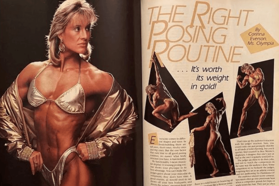 The image shows a magazine spread featuring Corinna Everson, Ms. Olympia, in a metallic bikini and a gold jacket, highlighting her muscular physique, accompanied by smaller images of her demonstrating posing techniques, with the headline "The Right Posing Routine" and the tagline "It's worth its weight in gold!"