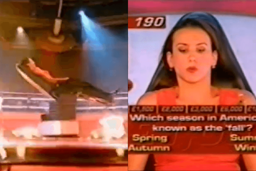 The right panel shows a close-up of a contestant intently focused on answering a multiple-choice question with a timer reading 190 seconds. The question displayed reads, "Which season in America is known as the 'fall'?" with answer options: Spring, Summer, Autumn, and Winter. The contestant must remain calm under pressure as their heart rate is monitored, adding an extra layer of challenge.