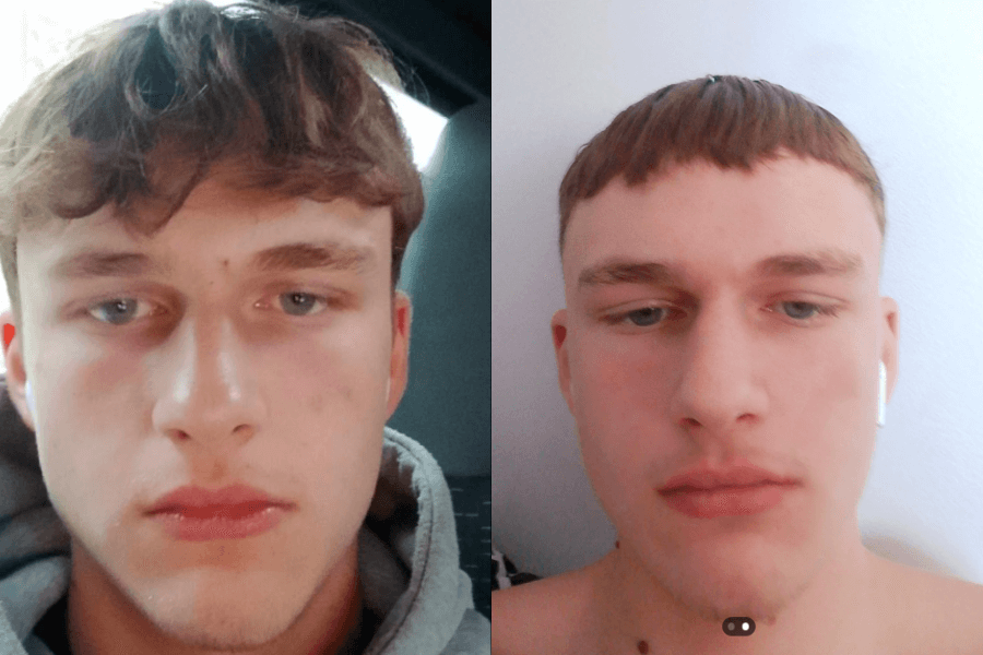 A young man shows his hair transformation in a before-and-after style. The "before" image shows him with longer, tousled hair, while the "after" reveals a very short, straight-cut fringe, giving him a bowl-cut appearance.