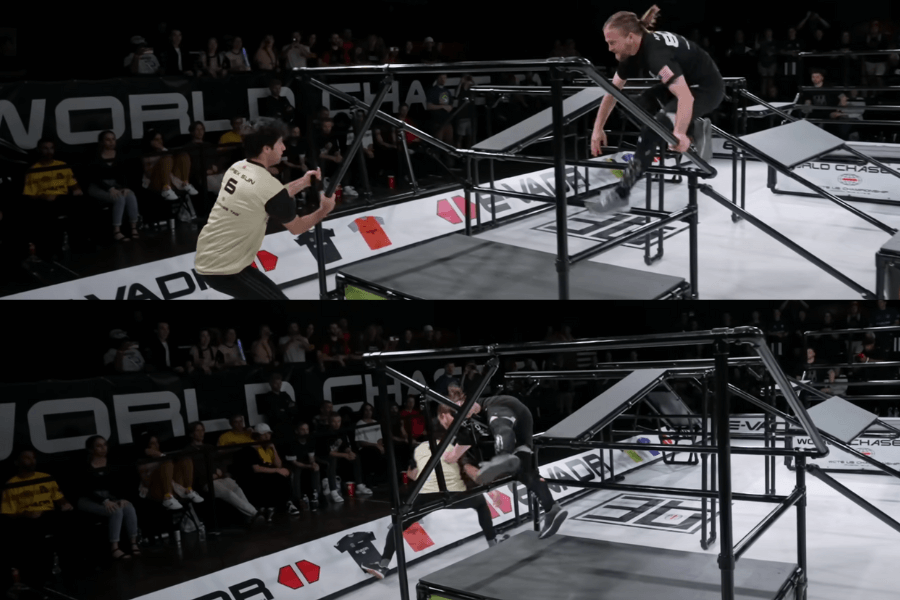 This image shows two participants engaged in a competitive game of World Chase Tag, an organized sport that combines elements of parkour and tag. In the top panel, one player is seen maneuvering through a series of bars and structures in an arena designed specifically for fast-paced chases. The player in the black outfit is climbing over a bar in pursuit of the player in the cream-colored shirt, who appears to be evading capture by moving in the opposite direction. In the bottom panel, the evading player attempts to dodge as the pursuer closes in, demonstrating the athleticism and agility required in this intense sport. The audience surrounding the arena adds to the energy of the event.