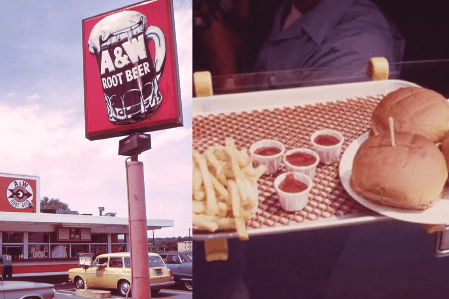 This nostalgic image showcases a vintage A&W Root Beer stand, a quintessential part of American fast-food history. The left side features the iconic A&W sign with a frothy mug of root beer, symbolizing the brand's signature drink. The scene includes classic cars parked near the restaurant, emphasizing the era's charm. On the right, a tray with burgers, fries, and multiple ketchup cups reminds us of the classic drive-in experience, where carhops served meals directly to customers' vehicles. A&W remains an enduring symbol of mid-20th-century American dining culture.