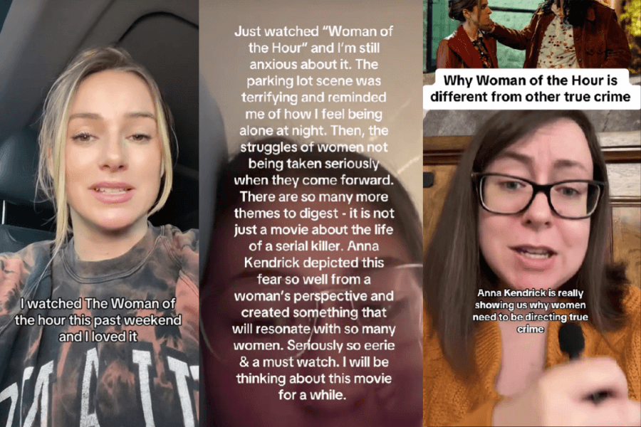 This image shows three people sharing positive reactions and reflections about Anna Kendrick's Woman of the Hour, highlighting its unique approach to true crime and its impact on women's issues.