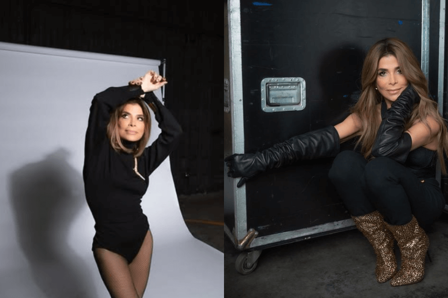 The photo showcases a woman in two poses: on the left, she stands confidently in a black bodysuit with fishnet tights, posing against a studio backdrop, and on the right, she is seated near stage equipment, wearing a sleek black outfit with long gloves and glittering gold boots, exuding elegance and style.