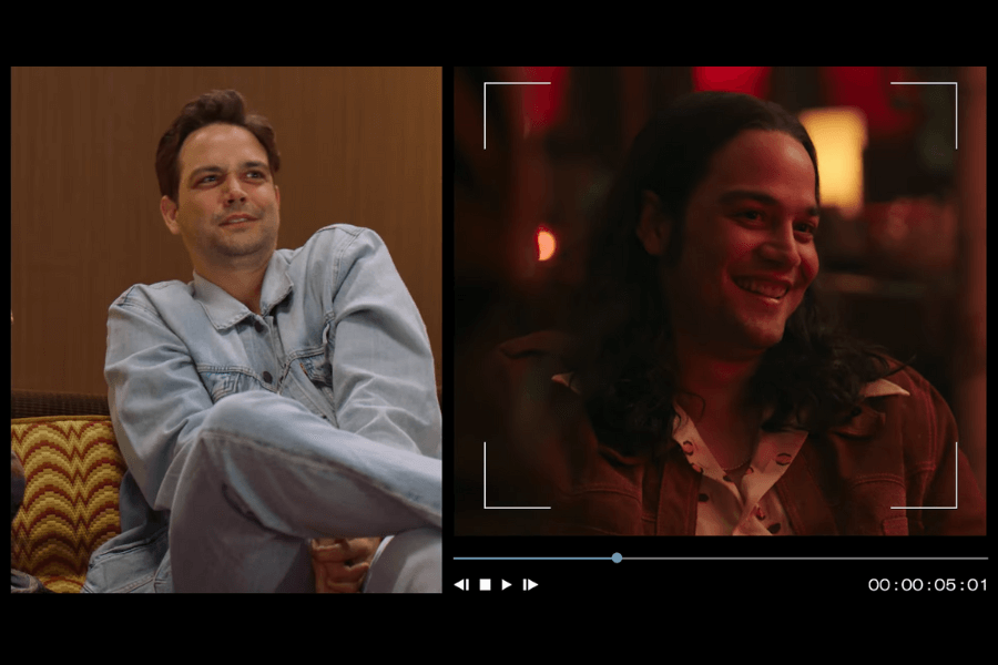 This image shows a split screen with an actor in casual conversation on the left and a film scene on the right, featuring the actor's character menacingly smiling in a cinematic frame.