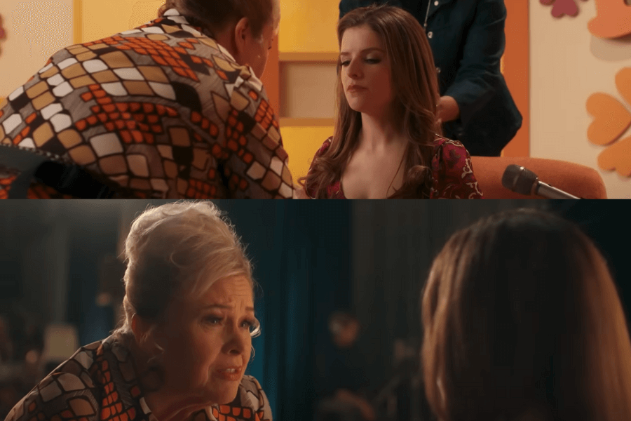 The image is a two-frame collage from scenes in Woman of the Hour, showing a close interaction between Anna Kendrick’s character and an older woman. The interactions between the characters, along with the intense expressions, suggest a moment of important revelation or advice, adding layers to the film’s storyline.