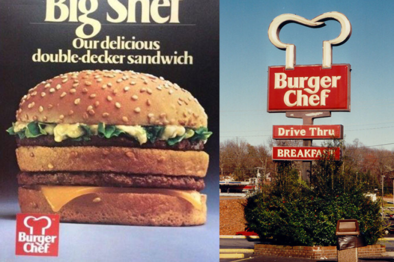 The image shows a promotional ad for Burger Chef's "Big Shef" double-decker sandwich alongside a nostalgic street view of a Burger Chef restaurant with its distinctive chef hat-shaped sign and drive-thru signage.