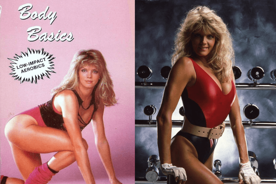 This image captures the vibrant energy of the '80s fitness era, featuring a fitness star in iconic workout gear. On the left, she promotes "Body Basics," a popular low-impact aerobics program, wearing the quintessential bold leotard and leg warmers. On the right, she poses confidently in a red and black bodysuit, belted for emphasis, standing amidst a rack of weights.