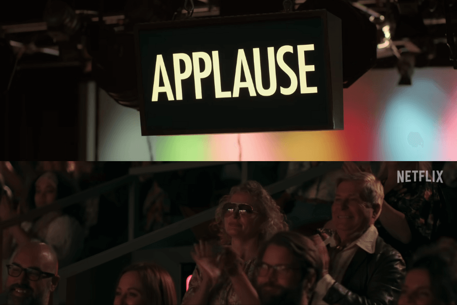 This image shows two scenes from Woman of the Hour: the top panel features an "APPLAUSE" sign illuminated on a television set, while the bottom panel shows an audience clapping enthusiastically, evoking the atmosphere of a live studio recording.