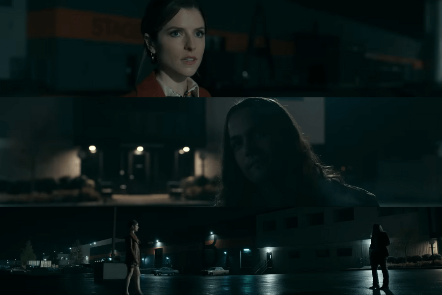 The image is a three-frame collage from a nighttime scene in Woman of the Hour, featuring a tense encounter. The composition and lighting of the frames create a feeling of suspense and impending threat, suggesting a climactic or pivotal confrontation in the film.