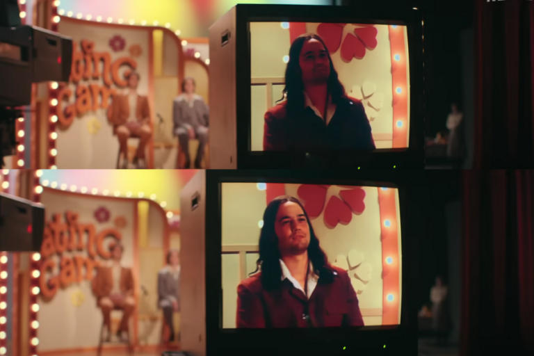 The image is a two-frame collage showing scenes from a set resembling The Dating Game in Woman of the Hour. The juxtaposition of the bright, cheerful dating show set with the eerie focus on the contestant highlights the chilling reality behind this otherwise lighthearted show, emphasizing the unsettling themes of the film.