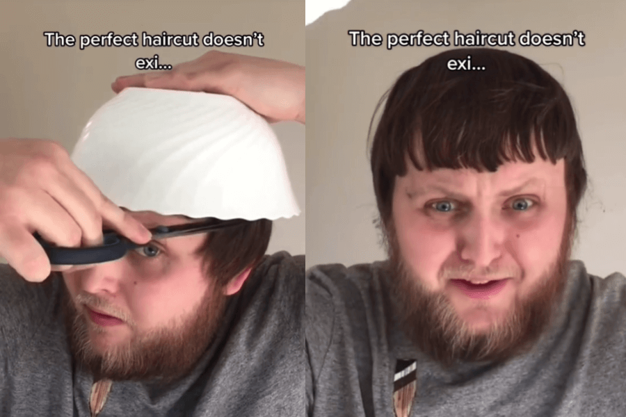 Using a bowl for guidance, he attempts a "perfect" DIY haircut, only to reveal a comically uneven fringe that leaves him questioning his life choices.