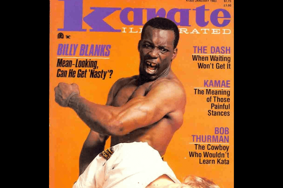 This vintage magazine cover showcases Billy Blanks, the legendary martial artist and fitness innovator, in a dynamic action pose. His fierce expression and powerful stance radiate energy, reflecting his martial arts mastery that paved the way for his iconic Tae Bo fitness revolution. 