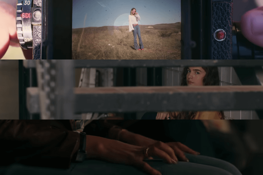 The image is a three-frame collage that conveys suspenseful and unsettling themes, likely from Woman of the Hour. These frames together create a sense of vulnerability and suspense, focusing on themes of being watched or pursued, which aligns with the thriller aspects of the film.