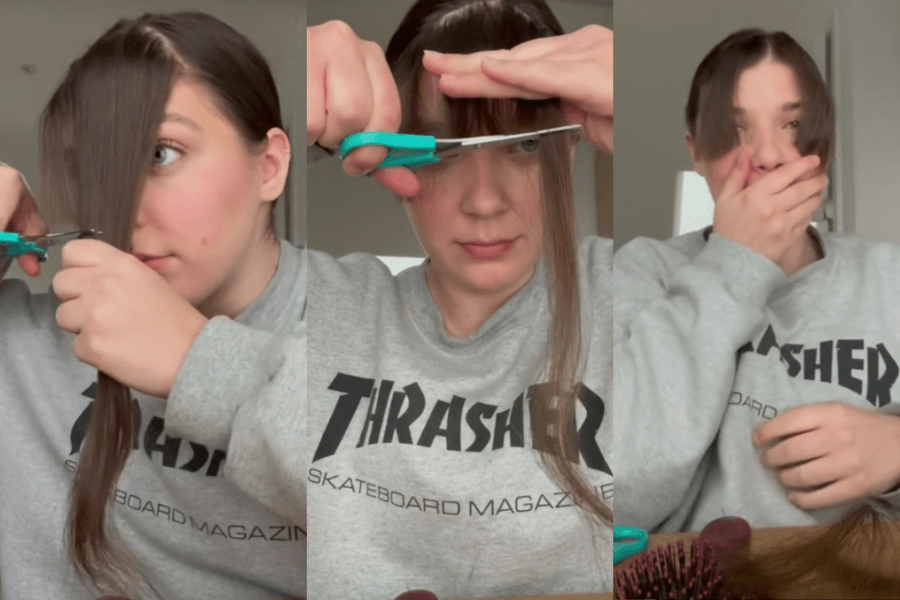 Her DIY bang trim journey goes from confidence to shock as she realizes her bold snip left her with much shorter bangs than expected.