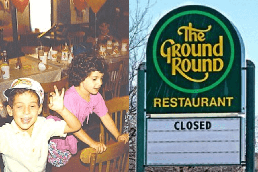 The image showcases a nostalgic Ground Round restaurant scene with kids celebrating a party, surrounded by balloons and table settings, alongside a "The Ground Round" restaurant sign with "Closed" displayed, marking the end of an era.