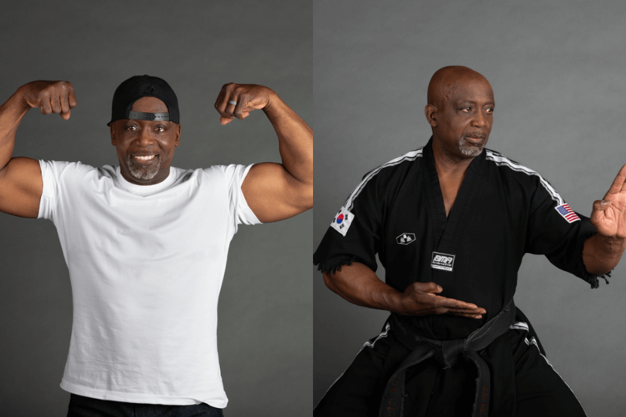 This side-by-side comparison showcases Billy Blanks in two striking personas: flexing with vibrant energy in casual attire, radiating his fitness icon status, and poised in martial arts gear, reflecting his disciplined Tae Bo and martial arts legacy.