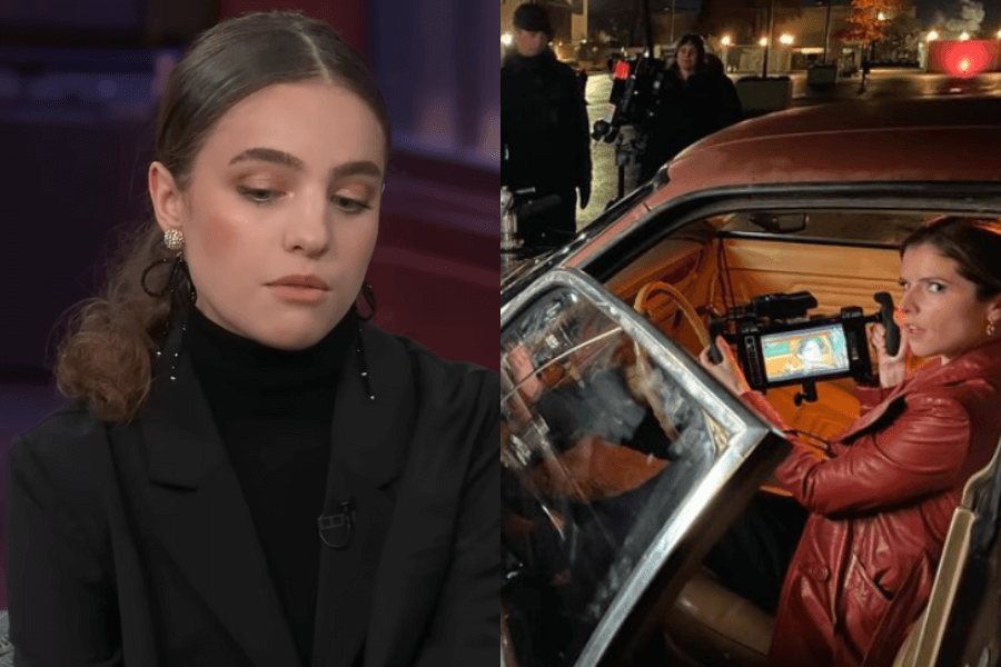 The image is a side-by-side collage featuring two different scenes, possibly related to Woman of the Hour.

Left Side: A close-up of an actress, looking down thoughtfully or pensively. She’s dressed in a black turtleneck and blazer with large earrings, and her expression suggests contemplation or seriousness, adding emotional depth.

Right Side: Anna Kendrick is seated in a vintage car, holding a camera monitor as she looks intently at the screen. She’s dressed in a red leather jacket, with crew members visible in the background. This appears to be a behind-the-scenes shot, showing Kendrick actively engaged in directing or reviewing a scene on set, highlighting her hands-on role in the production.

Together, these images contrast the emotional intensity of the characters with Kendrick’s dedication and focus behind the scenes, capturing both the film’s mood and her involvement as director.