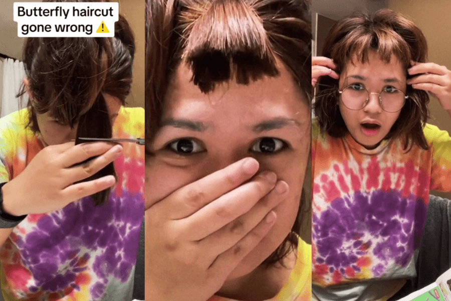 Her attempt at a DIY "butterfly haircut" quickly spirals into chaos as she realizes her bangs are cut unevenly and much shorter than expected, leaving her in total shock.