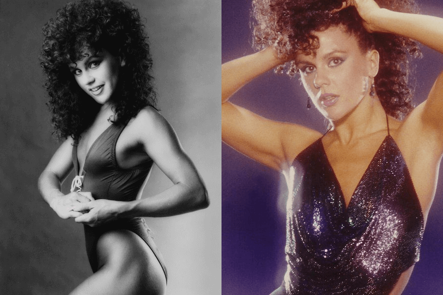 This image showcases the vibrant energy of an '80s fitness star, blending fitness prowess and glamor. On the left, her toned physique embodies athleticism, while the right exudes confidence in a shimmering, iconic '80s style.