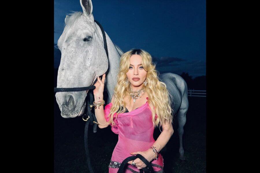 madonna next to a white horse 