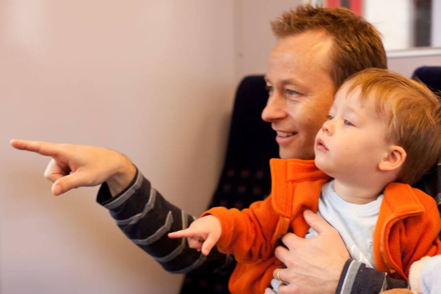 man pointing at something while holding a young kid