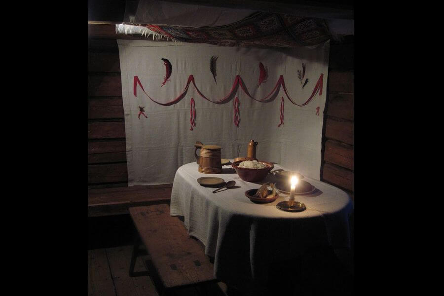 christmas table set up inside sauna