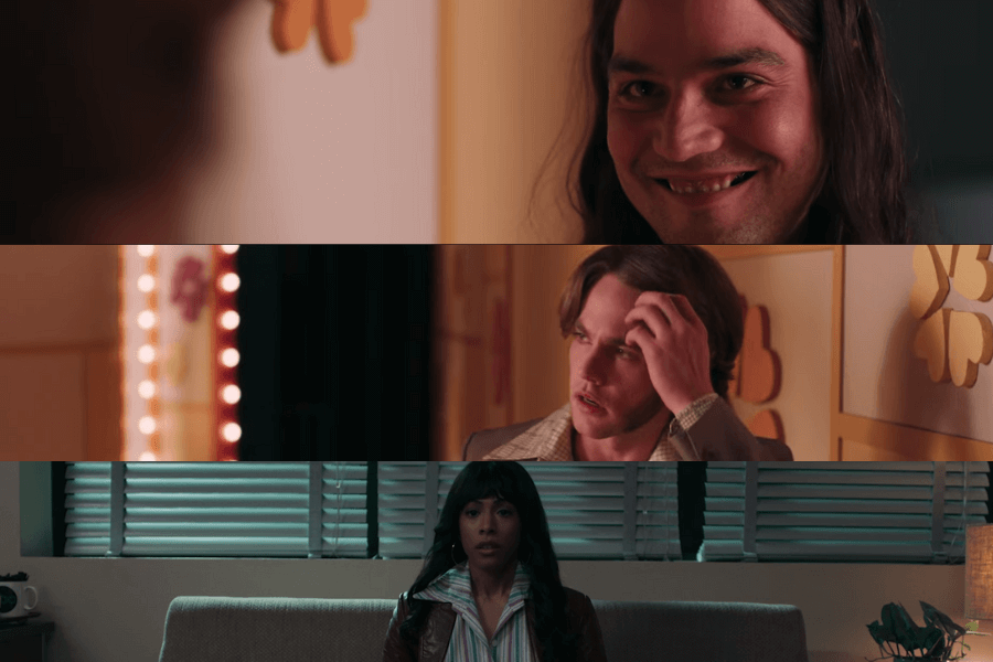 This image features a three-panel sequence from Woman of the Hour, showing close-up shots of three characters: a man with a chilling smile, a concerned man in a brightly lit area, and a woman sitting tensely in a dimly lit room, conveying a sense of suspense and tension.