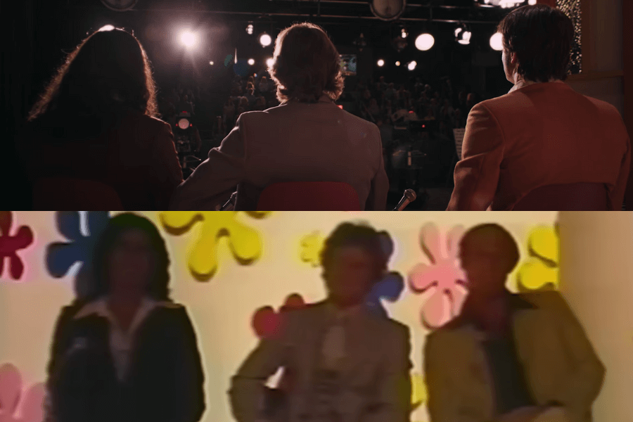 This image shows two scenes from Woman of the Hour: the top panel features three men seated on a stage, viewed from behind with stage lights illuminating an audience, while the bottom panel captures a blurred, colorful shot of contestants on a game show set, evoking the look of The Dating Game.