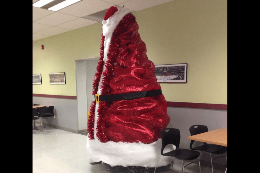 red sequined "tree" wrapped in a Santa coat