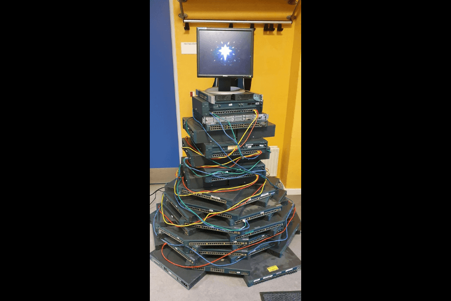 christmas tree made of routers and monitor