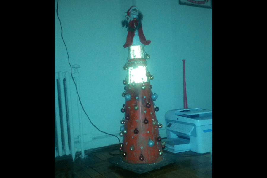 traffic cone used as christmas tree