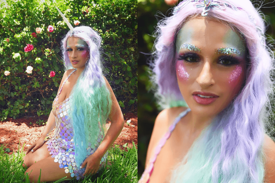 a person in colorful dress and makeup that is unicorn-themed