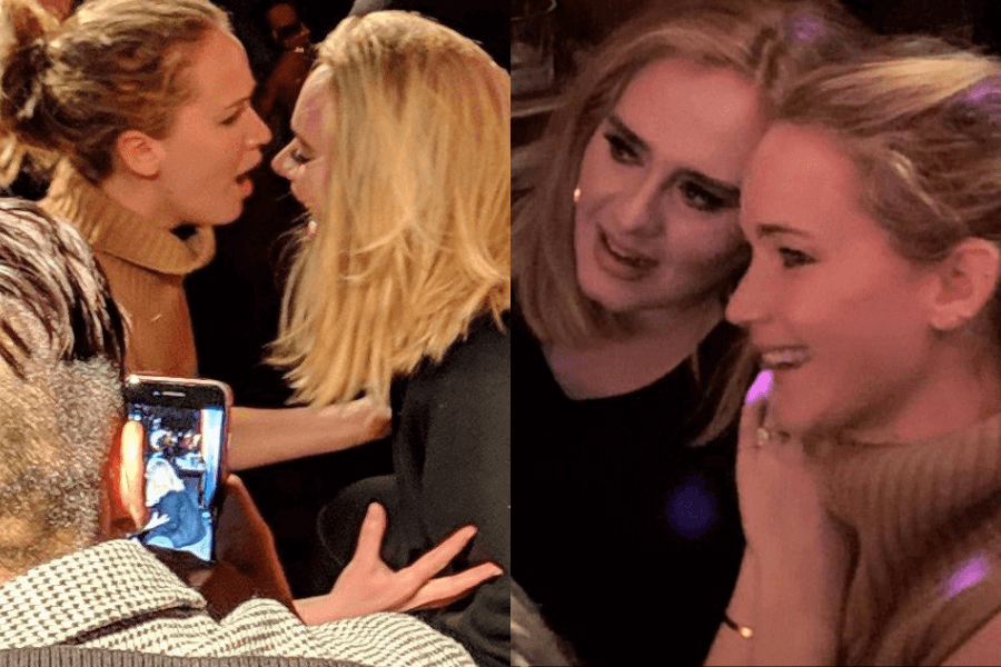 This composite image features two candid moments of two women enjoying a social gathering. In the left frame, one woman wearing a tan sweater appears to be speaking animatedly to another in a black outfit, while a third person captures the interaction on a phone. In the right frame, both women are seen smiling closely, highlighting their connection and enjoyment of the event. The warm lighting suggests a cozy, lively atmosphere.