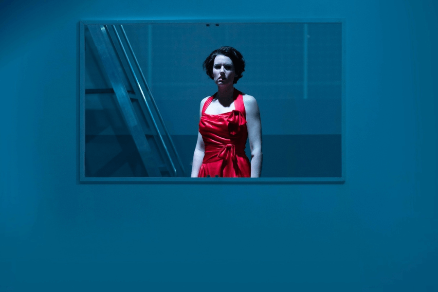 A striking image of a woman in a vivid red dress, standing in a modern, minimalistic setting framed by a blue-toned wall. The stark contrast between the bold red of her dress and the cool, industrial blue lighting creates a dramatic and cinematic atmosphere. Her expression appears serious and reflective, enhancing the intensity of the scene.