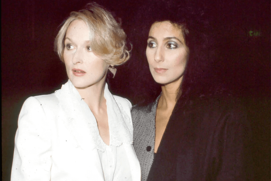 This image features two women standing together, exuding elegance and sophistication. One wears a white ensemble with a delicate lace collar and styled blonde hair, looking off to the side. The other has voluminous dark hair, wearing a black and gray outfit, gazing intently in the same direction. The lighting and composition suggest a formal or public event. 