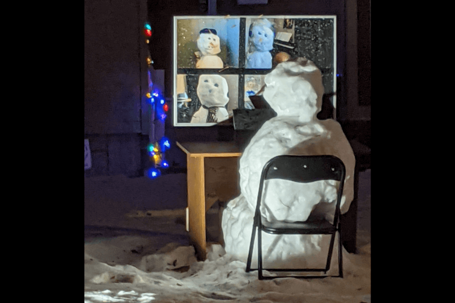 snowman having zoom meeting with other snowman