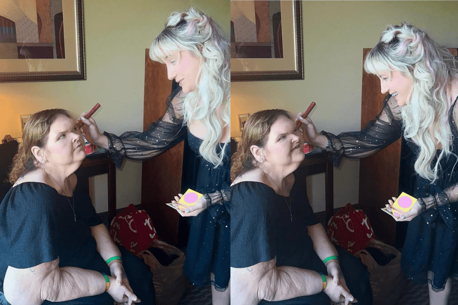 picture of a woman losing her weight and another woman doing her makeup