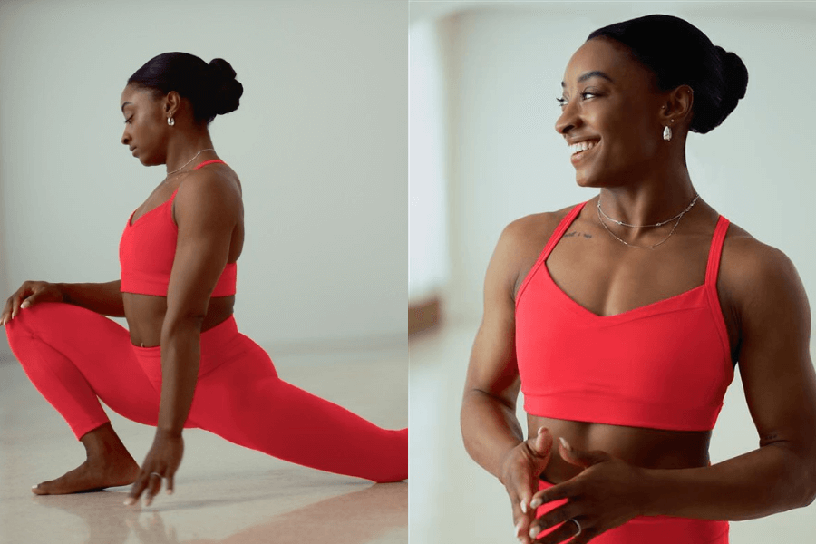 woman in red yoga attire