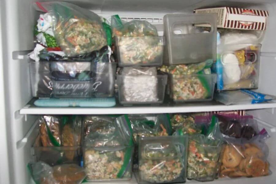 freezer full of bagged groceries