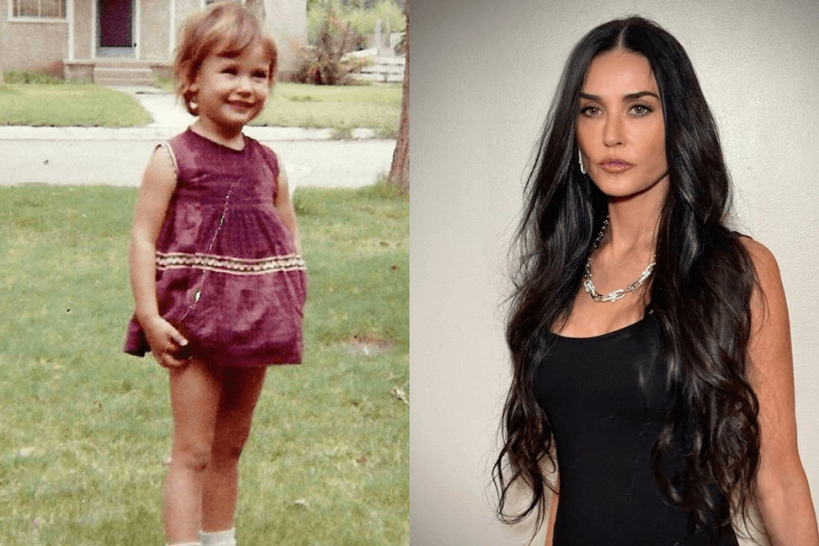 This image features a side-by-side comparison: on the left, a young child wearing a purple dress stands outdoors, smiling brightly; on the right, an adult woman with long, dark hair and a confident expression poses against a plain background in a black top, accessorized with a silver chain necklace.