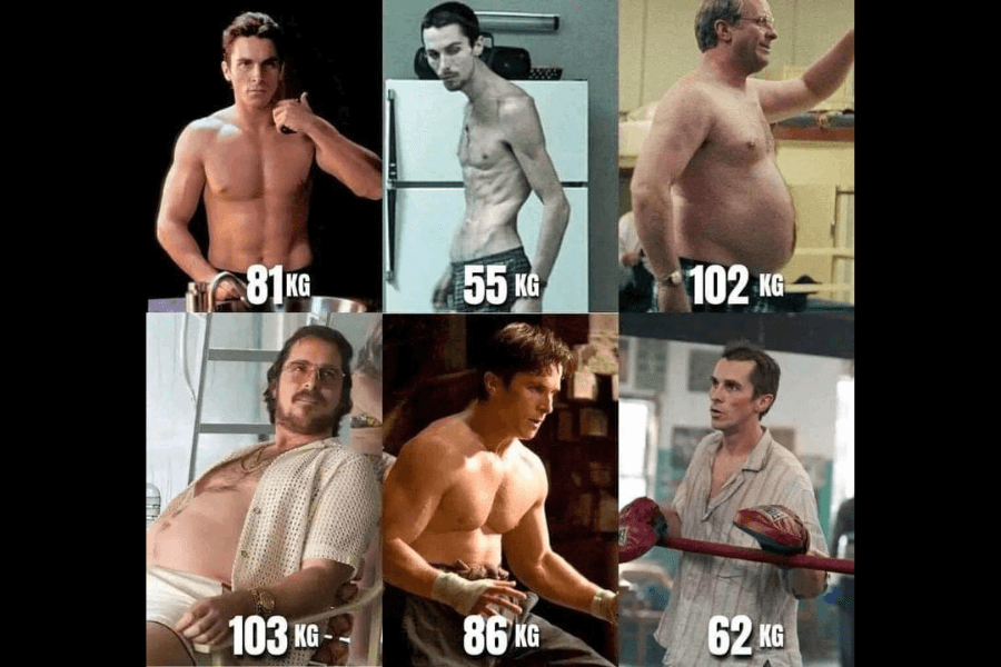 This image showcases a transformation collage of a person, presumably an actor, displaying their physical body changes for various roles, with different weights labeled below each picture: 81 kg (muscular build), 55 kg (underweight), 102 kg (overweight), 103 kg (heavily overweight), 86 kg (muscular), and 62 kg (slim with boxing gear).