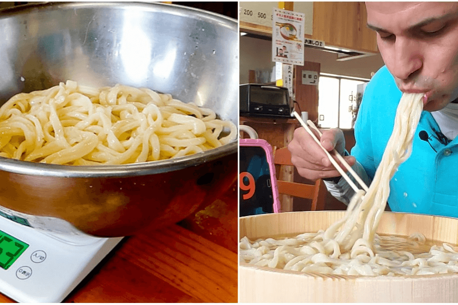 The image is a two-panel collage. On the left, a metal bowl filled with freshly boiled udon noodles rests on a digital scale, showing the weight as 3.37 kilograms. On the right, a person eagerly eats a large portion of udon noodles from a wooden bowl, using chopsticks, in what appears to be a food challenge or competitive eating setting.