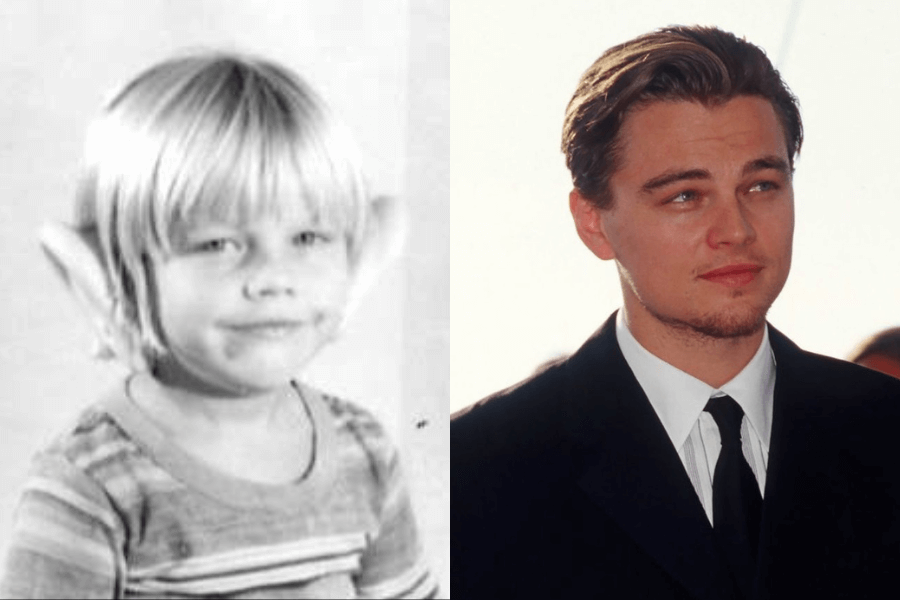 This image presents a side-by-side comparison: on the left, a black-and-white photo of a young boy with light hair and a mischievous smile, wearing a striped shirt. On the right, the same individual as an adult, dressed in a sharp suit and tie, looking off to the side with a composed and confident expression under natural lighting.