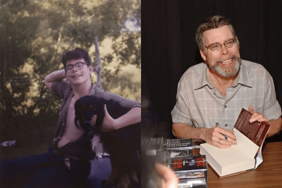 This image displays a side-by-side comparison: on the left, a young man with glasses smiles casually while seated outdoors, holding a dog, surrounded by greenery. On the right, the same individual as an older adult, wearing a plaid shirt, smiles warmly while signing a book at a table stacked with more books, in an indoor setting.