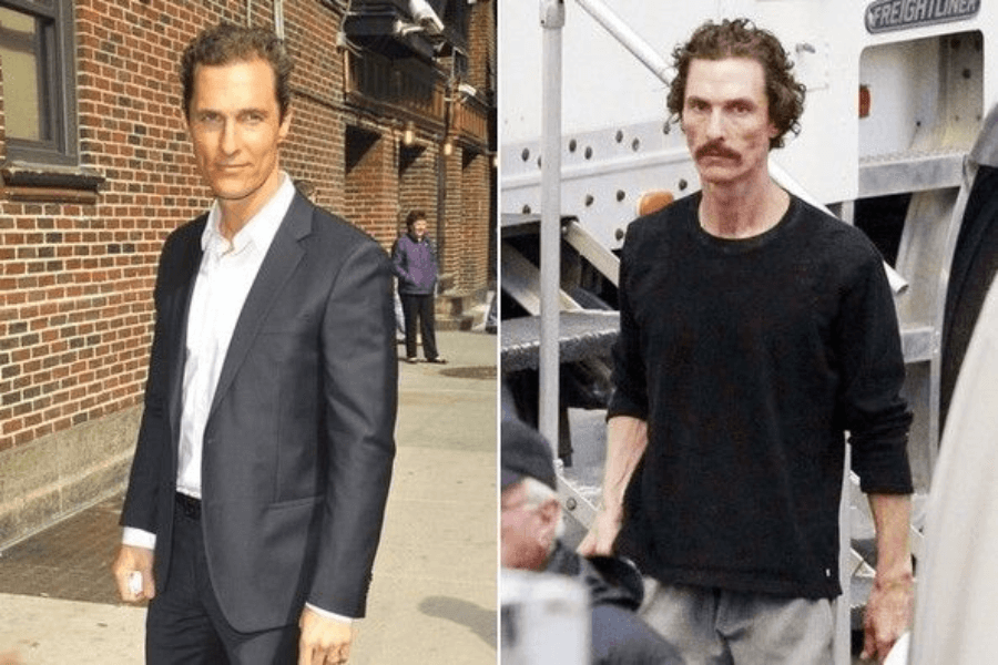 This image is a side-by-side comparison showing a man in two different appearances: on the left, he is dressed in a clean-cut suit, looking healthy and polished; on the right, he appears gaunt and thin, wearing casual clothes with a mustache and disheveled hair, suggesting a dramatic physical transformation.