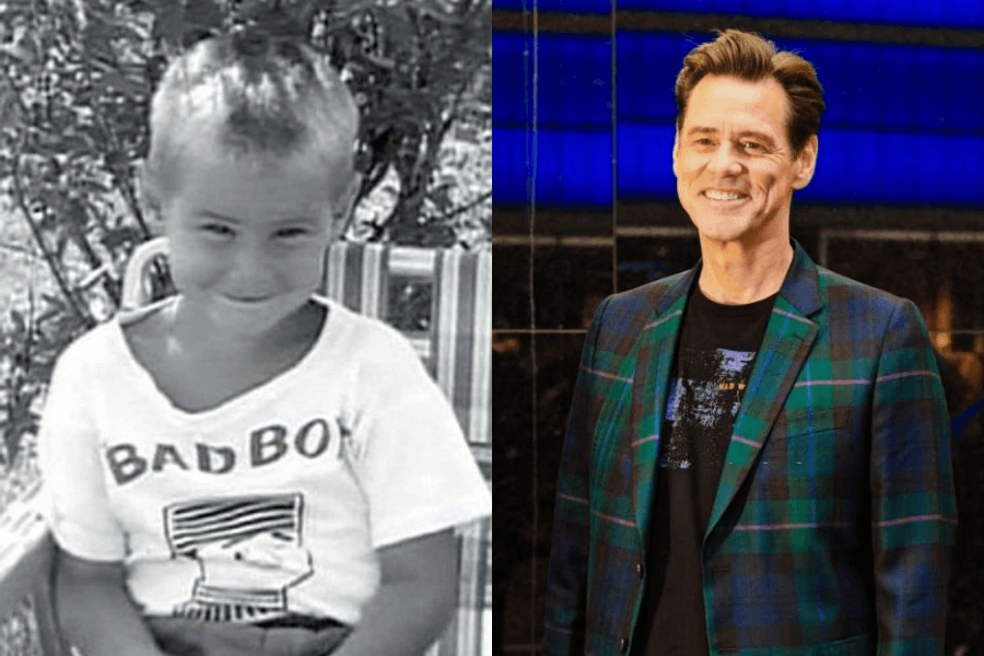 This image shows a side-by-side comparison: on the left, a black-and-white photo of a young boy with a playful smirk, wearing a T-shirt that reads "BAD BOY," seated on a striped chair outdoors. On the right, the same individual as an adult, smiling warmly while dressed in a plaid blazer over a black T-shirt, standing against a brightly lit blue and black backdrop.