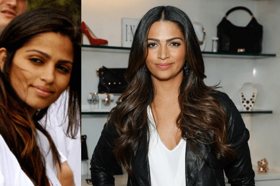 This image presents a side-by-side comparison: on the left, a younger woman with natural makeup and flowing hair smiles softly in an outdoor setting. On the right, the same individual as an adult exudes confidence in a polished look, with styled hair and wearing a leather jacket over a white blouse, standing in front of a backdrop displaying handbags and accessories.